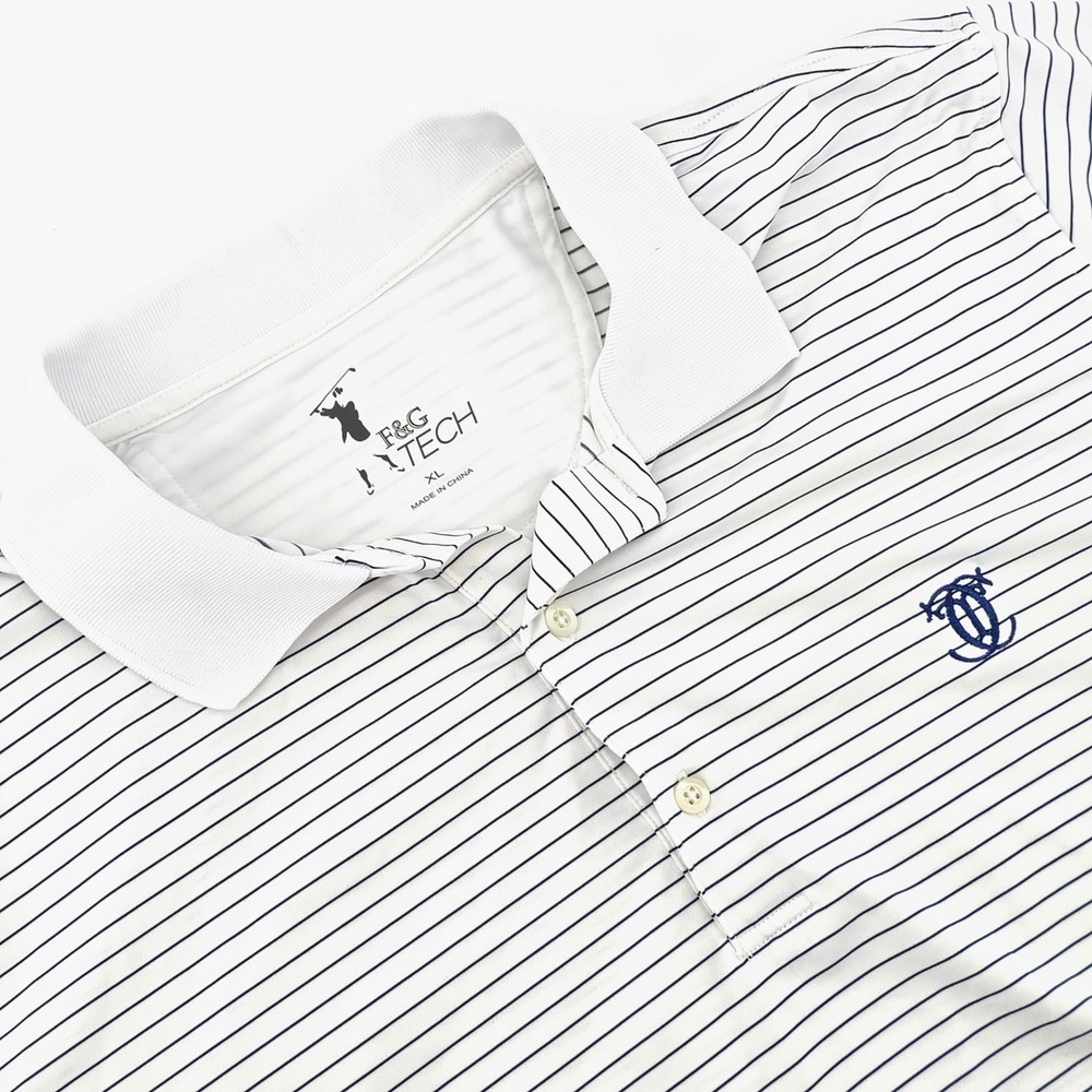 F&G Tech Mens XL Golf Polo Shirt White Navy Blue Striped Short Sleeve Stretch